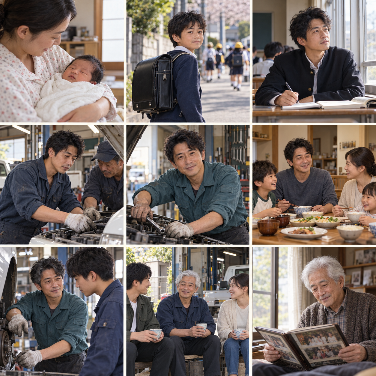 同じ主人公の誕生から晩年までを描いた3×3の写実的な画像