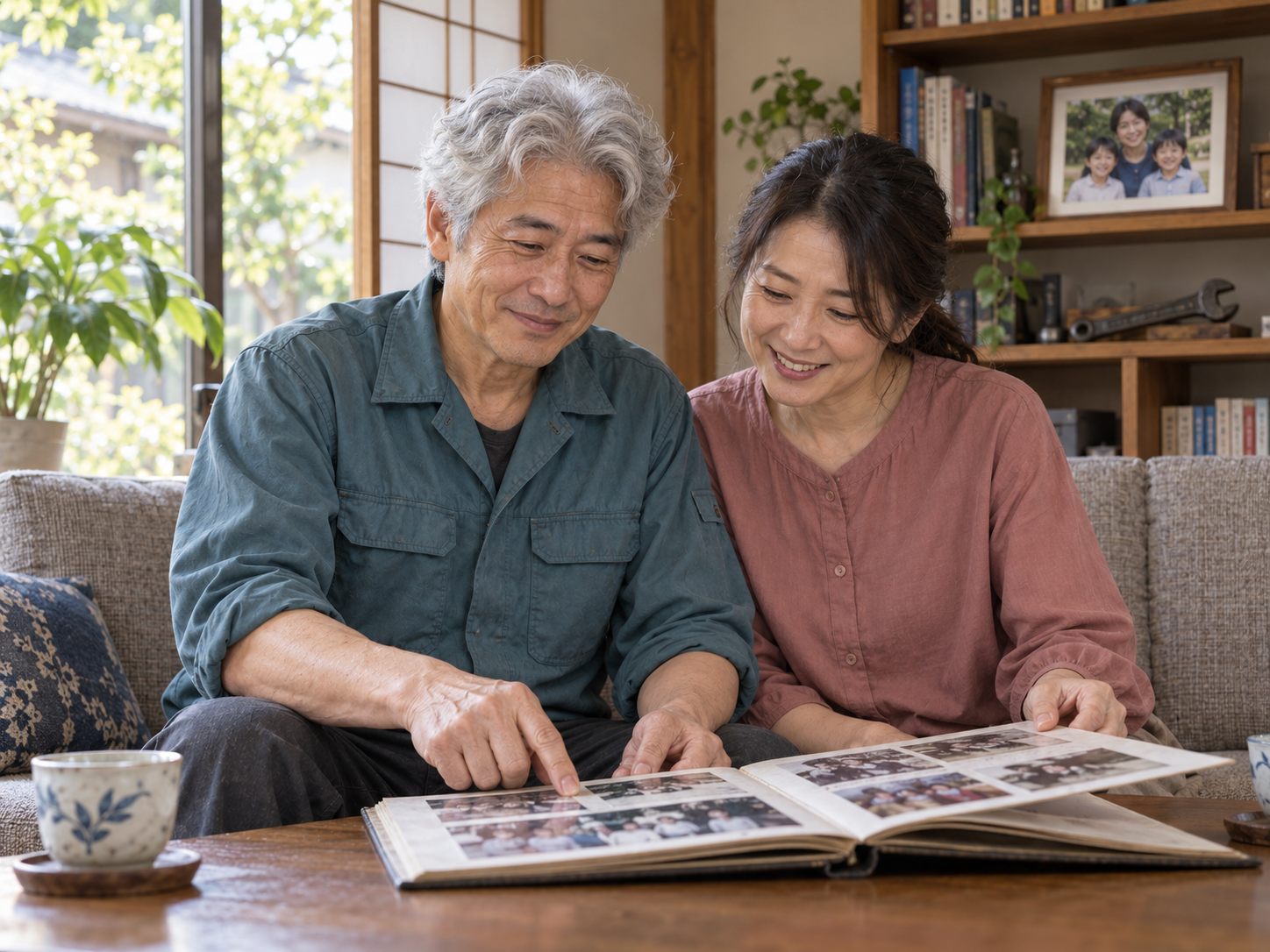 家族写真と思い出の品に囲まれて過ごす主人公の晩年を描いた写実的な画像