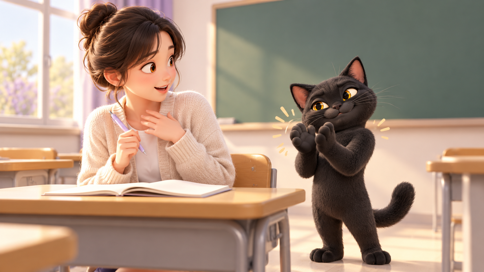教室で拍手する黒猫を描いた二次創作シーンのイメージ