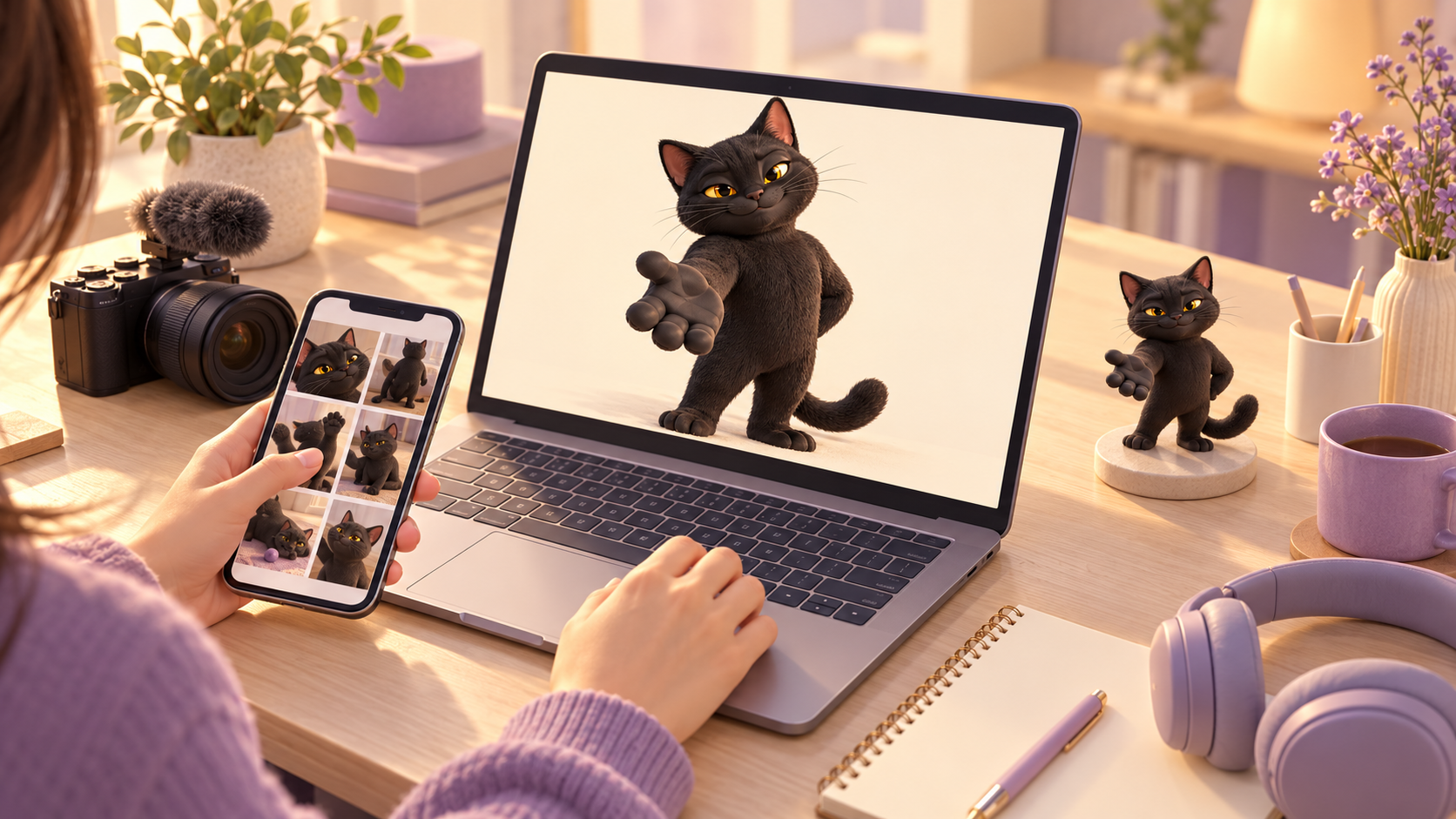 猫のリアクション動画を作る素材と編集環境のイメージ