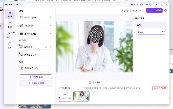 Uniconverterのモザイク追加画面
