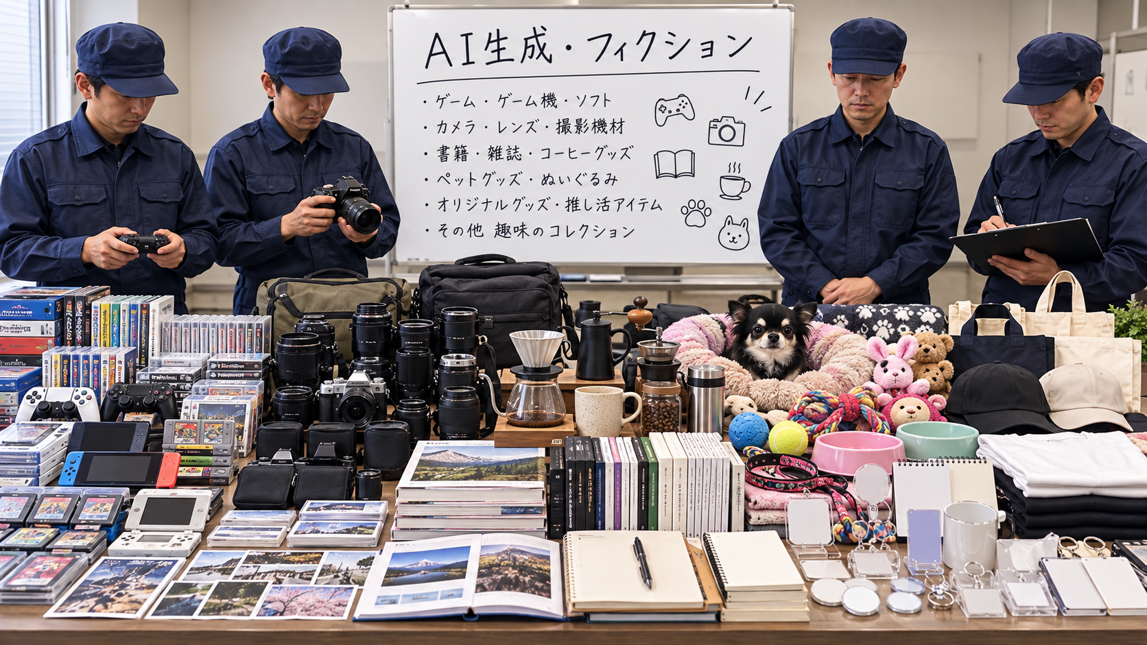 架空の人物の前にゲーム機、カメラ、本、ペット用品を陳列したAI生成の家宅捜索風作例