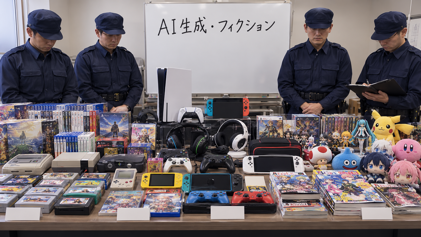 ゲーム機とコントローラーを並べた家宅捜索AI風の架空の作例
