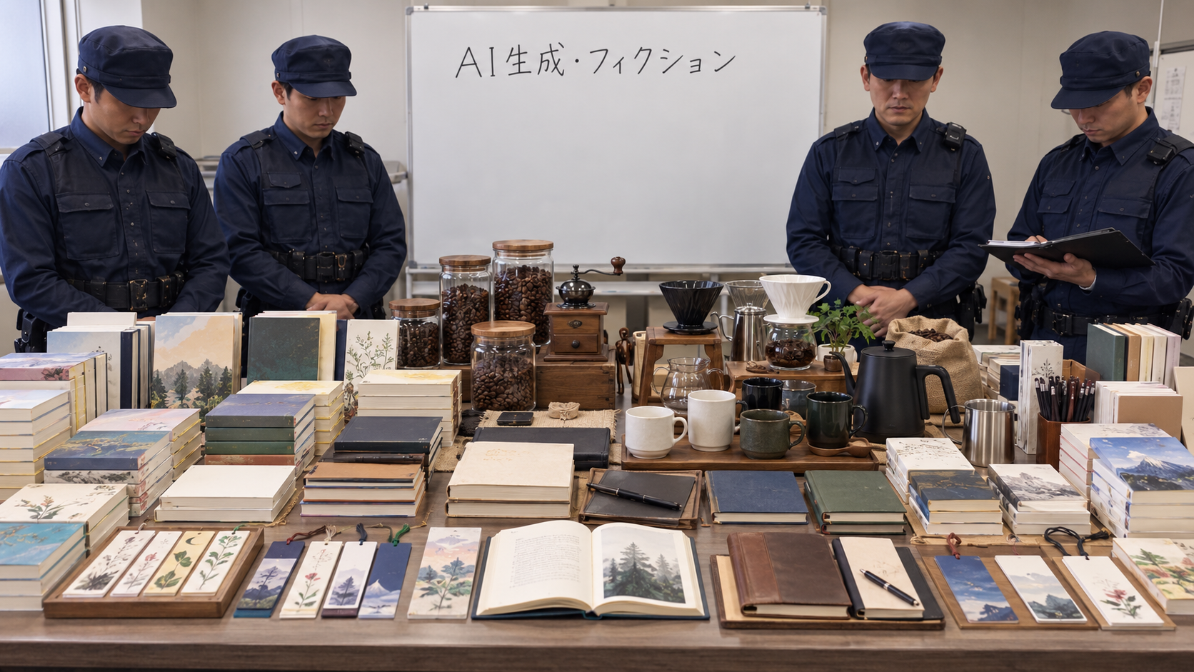 本とコーヒー用品を並べた架空のAI生成作例