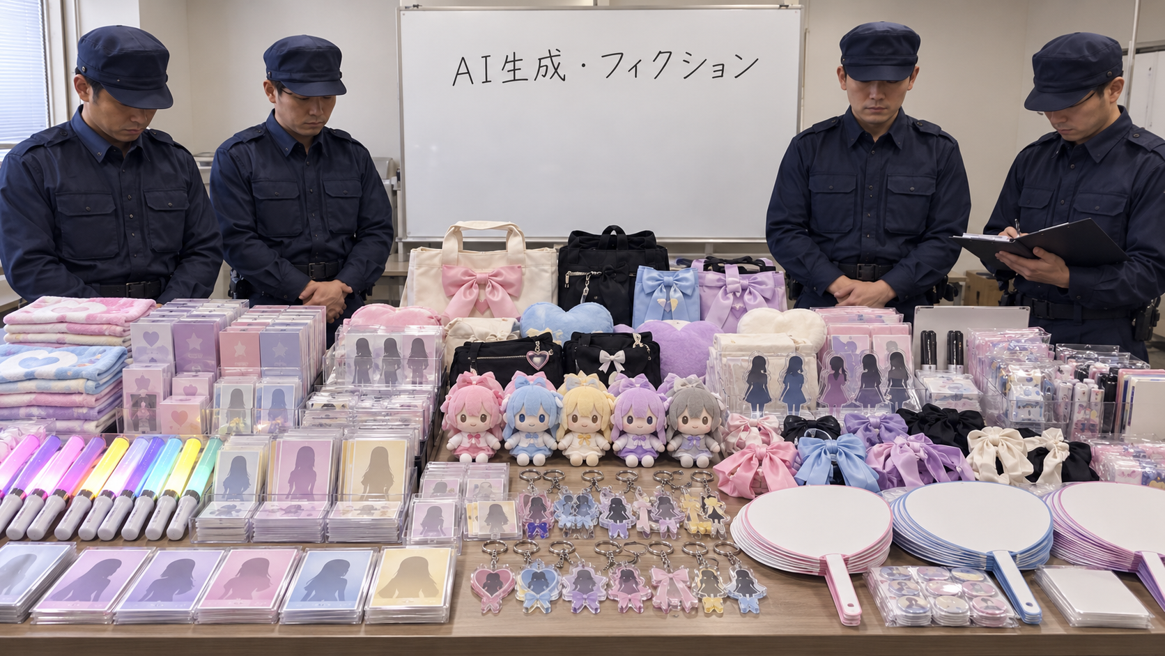 ペンライトや架空のファングッズを並べたAI生成の作例