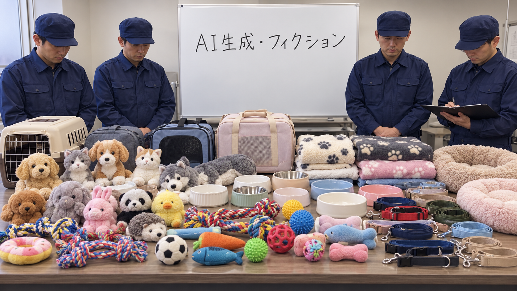 ペットのおもちゃや用品を並べた架空のAI生成作例