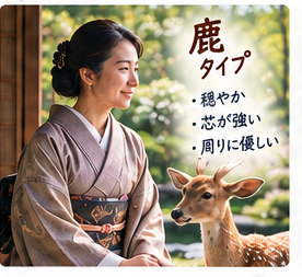 40〜50代の着物の女性＋鹿