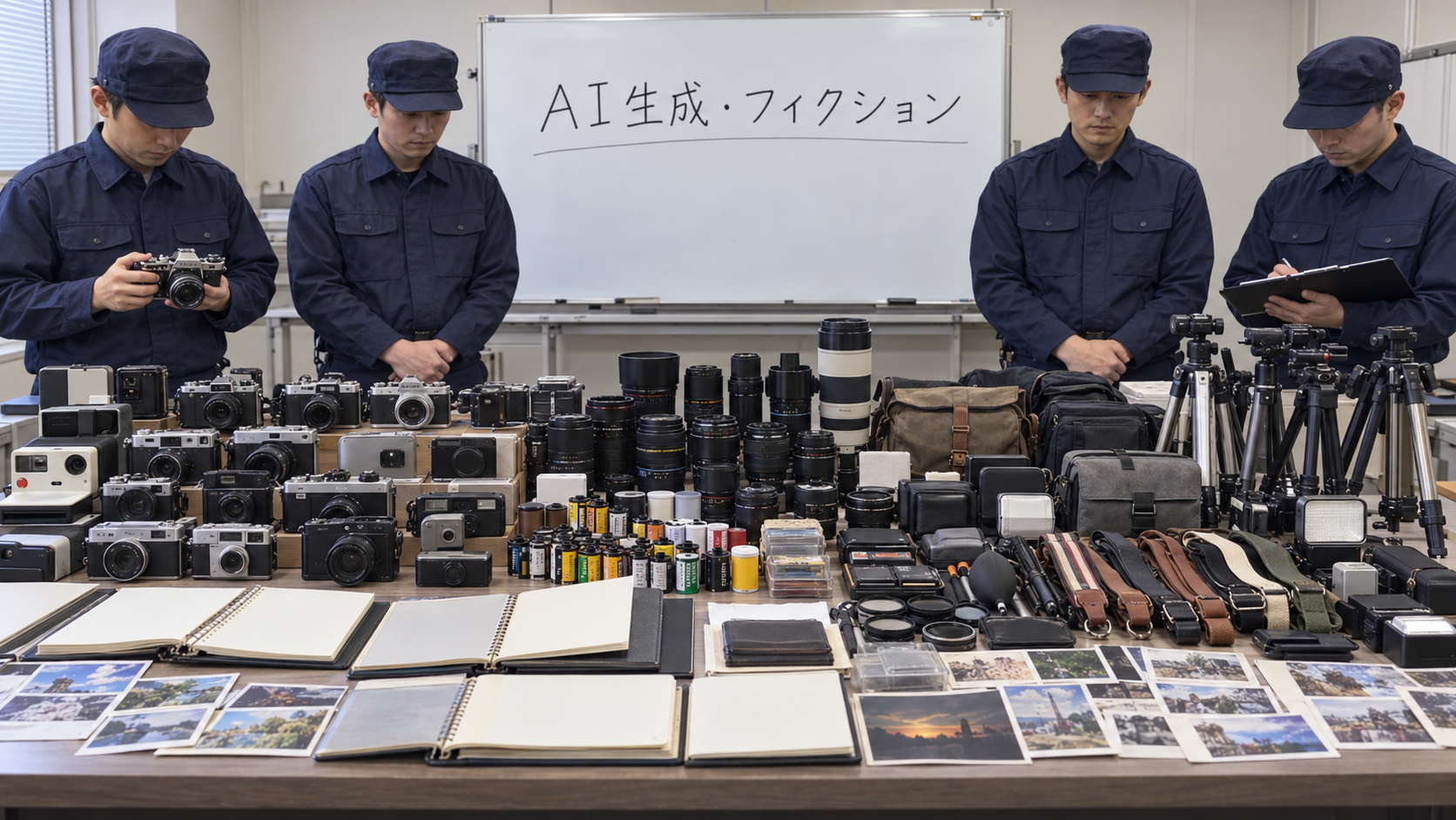 カメラと交換レンズを並べた架空の家宅捜索AI画像