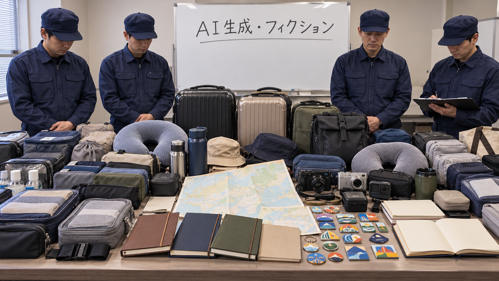 旅行かばんと地図を並べた架空の家宅捜索AI画像