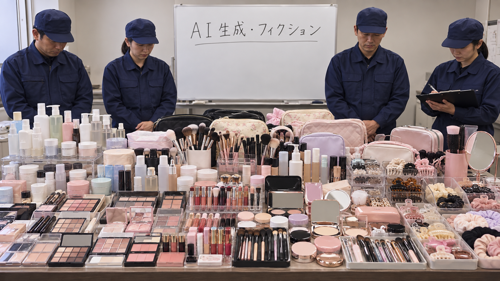 化粧品とブラシを並べた架空の家宅捜索AI画像