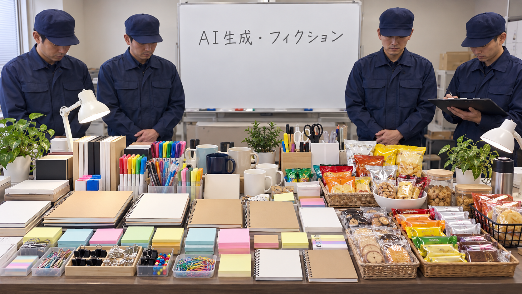 文房具とお菓子を並べた架空の家宅捜索AI画像
