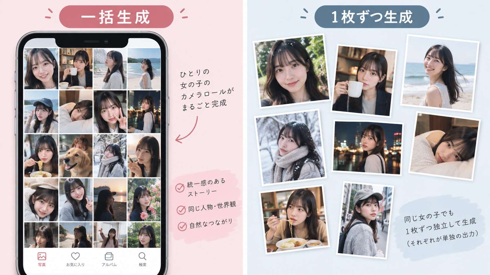 AIカメラロールの一括生成と1枚ずつ生成の比較