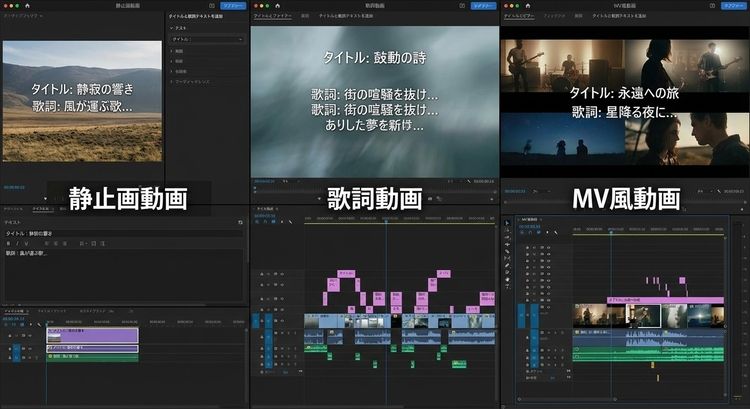 音楽動画にタイトルと歌詞テキストを追加している編集画面イメージ