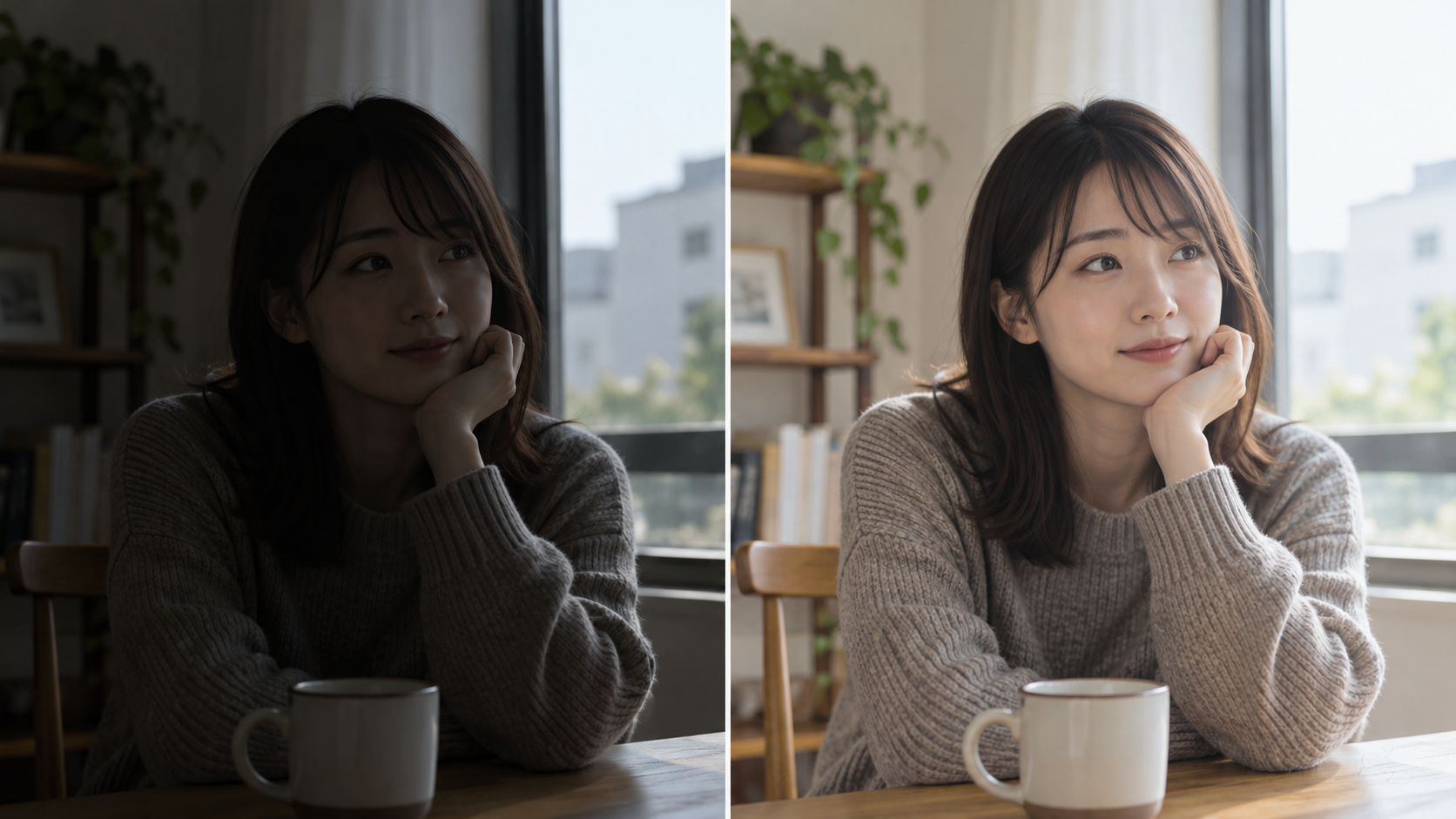 暗い人物写真と自然に明るく補正した写真の比較