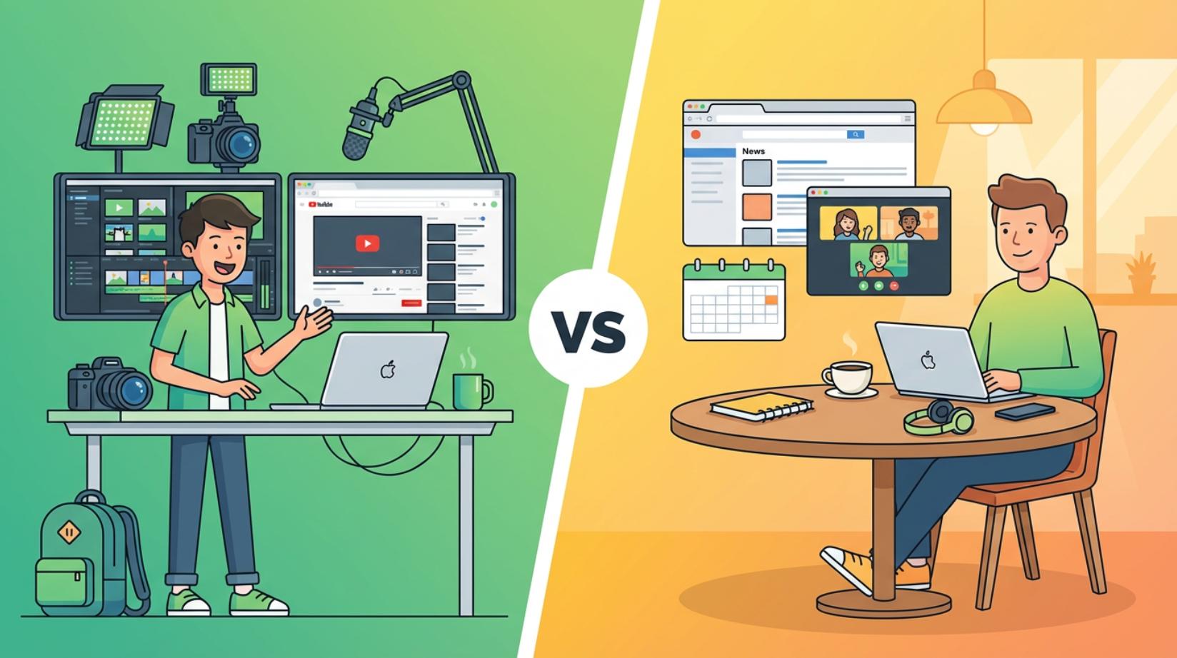 M5 MacBook Airがおすすめの人（左：動画クリエイター・デュアルモニター環境）vs M4で十分な人（右：カジュアルユーザー）