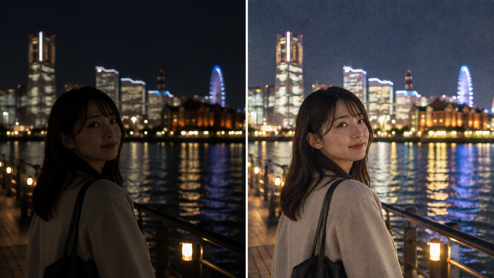 夜景写真を明るくしたときに暗部のノイズが目立つ例