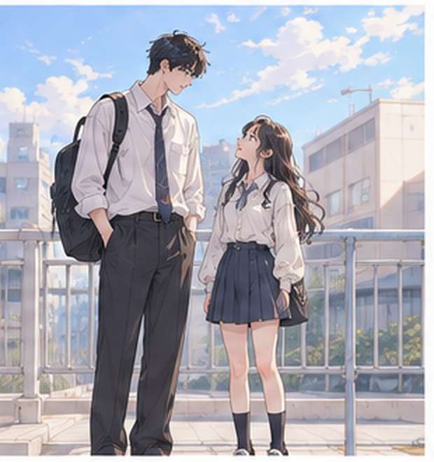 青春漫画風の推しとの身長差AI画像