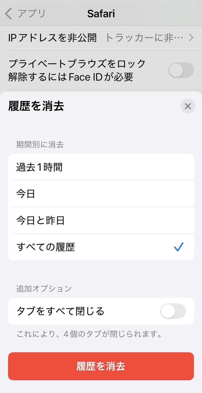 Safariの閲覧データを削除する