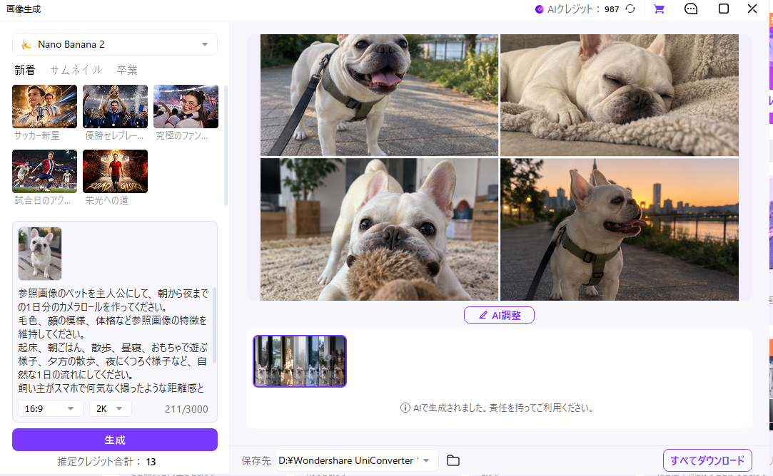 UniConverterデスクトップ版で生成したペットのAIカメラロール