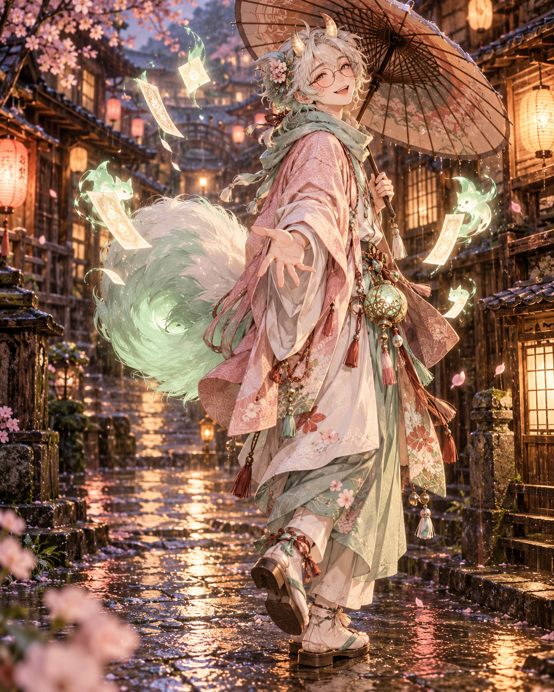桜色の和装と小さな角を持つかわいい妖怪の生成イメージ